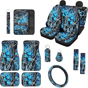 Xoenoiee 15 Pieces Tree Purple Camo Print Car Accessories Universal Auto Seat Covers Full Set Includes Car Floor Mats Steering Wheel Cover Seat Belt Pads Armrest Pad Keychains