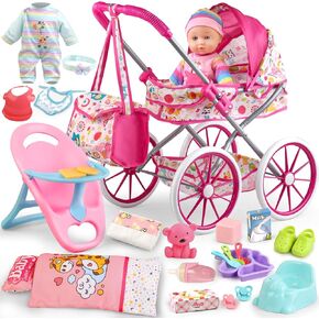 Baby Doll Stroller Toys Set with 12.5" Baby Doll,Dining Chair,Quilt Pillow,24 PCS Baby Doll Accessories and 2 Sets Doll Clothes,Baby Stroller Toys for Girls Toddlers 3-5 4-6 Gifts for Pretend Play
