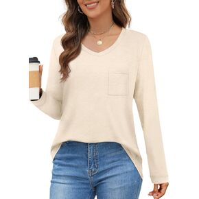 MEROKEETY Women's 2024 Fall Long Sleeve Tops Casual Loose V Neck Tunic Tee Shirts with Pockets