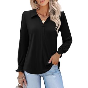 LUYAA Blouses for Women Dressy Casual Long Sleeve Loose Fit Tunic Tops V-Neck Collared Fall Shirts S-XXXL