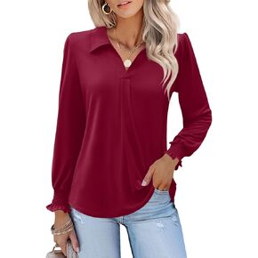 بلوزات LUYAA للنساء أنيقة كاجوال بأكمام طويلة فضفاضة تناسب تونك علوية بياقة على شكل حرف v وقمصان خريفية S-XXXL