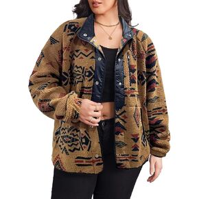 IN'VOLAND Plus Size Womens Fleece Jacket Western Aztec Print Long Sleeve Snap Button Down Shacket with Pockets