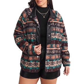 IN'VOLAND Plus Size Womens Fleece Jacket Western Aztec Print Long Sleeve Snap Button Down Shacket with Pockets in Kuwait