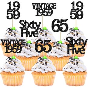 Gyufise 24Pcs Vintage 1959 Cupcake Toppers Glitter Cheers to 65 Fabulous Sixty Five Cupcake Picks 65th Birthday Wedding Anniversary Party Cake Decorations Supplies Black
