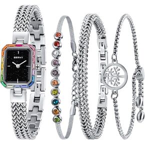 BERNY Silver Watches for Women Dainty Quartz Bracelet Watch Ladies Wrist Watch and Bracelet Set Coloured Stones Accented Fashion Luxury Birthday Gifts for Women