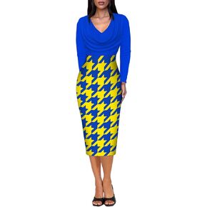 Women's Sheath Dress Long Sleeve Cowl Neck Colorblock Patchwork Ruched Midi Bodycon Dresses