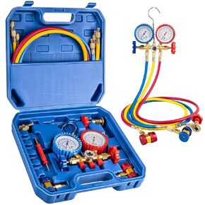 Luney 3 Way AC Gauge Set, AC Manifold Gauge Set for R134a R410a R22 R12 R502 Refrigerant, Automotive Ac Gauges with 4FT Flameproof Hoses & 2 Adapters, Freon Gauges AC Recharge Kit