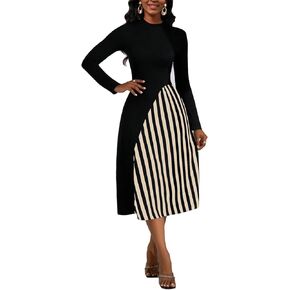 HipGlamp Women's Casual Crew Neck Long Sleeve Dress 2024 Splice Striped Midi Dress Pencil Cocktail Dresses