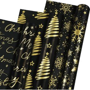 Christmas Wrapping Paper - 3 Mini Rolls, Metallic Gold Foil Kraft Wrapping Paper with Reindeer Christmas Tree Design, Brown Kraft Wrapping Paper for Christmas Holiday, 17 Inch X 118 Inch per Roll
