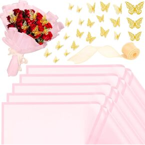 ROADPLUM 20 Sheet Pink Flower Wrapping Paper, Bouquet Wrapping Paper with 12 Butterflies and 1 Ribbon for Diy Bouquet, Flower Paper Wrap Kit for Valentine's Day, Mother's Day, Graduation
