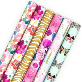 Hallmark Wrapping Paper Rolls for Birthday, Bridal Shower, Baby Shower, Gift Wrap Paper (Set of 6 Rolls: 180 sq. ft. ttl.) Butterflies, Gold Animal Print, Pink Flowers for All Occasions