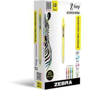 Zebra Pen Z-Grip Retractable Highlighter Marker Set, Chisel Tip, Assorted Neon Colors, 5-Pack