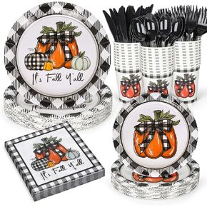 168Pcs Fall Paper Plates and Napkins Set Buffalo Plaid Pumpkin Disposable Party Supplies Thanksgiving Watercolor Tableware Cups and Cutlery for 24 Guests Autumn Harvest Holiday