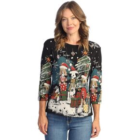 Jess & Jane Feliz Navidad Womens Christmas Print Cotton Top