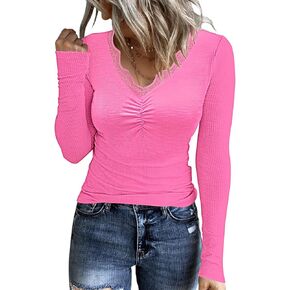 Women's Long Sleeve Ribbed Knit Tops Front Ruched Henley Shirts Button Up Lace V Neck Blouses Tee