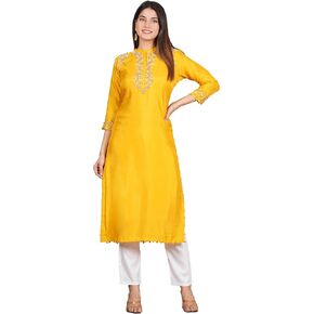 Akiko Women's Diwali Straight Kurti Round Neck Tubelight Work Printed Kurta 3/4th Sleeves Indian Ethnic Kurta for Girls