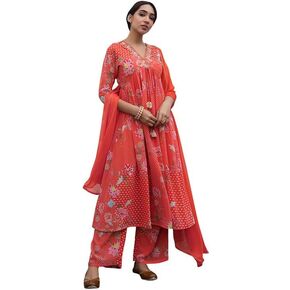 Janasya Indian Women's Red Georgette Yoke Embroidery Gathered Kurta Set