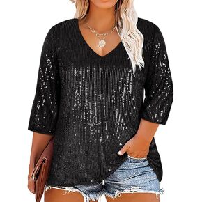 RITERA Plus Size Glitter Tops for Women 3/4 Sleeve Shirts Evening Cocktail V Neck Sequin Blouse Tunic Weddings XL-5XL
