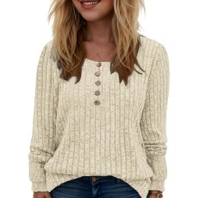 ROSRISS Womens-Plus-Size-Tops Trendy Long Sleeve Henley Shirts Casual Ribbed Knit Tunics Dressy Crewneck Pullover Sweaters