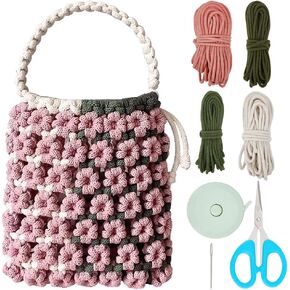 BEUNITONE DIY Macrame Bag kit for Adults Beginners Boho Pink Floral Handbag Making Kit Set for Women with Video Instruction Crochet Shoulder Bags for Women Holiday Beach Decor Trendy DIY Kit Gifts