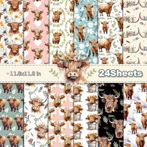 Highland Cow Scrapbook Paper Pad, 24 Sheets/12 Designs Double Sided Craft Paper, Watercolor Sunflowers Rustic Cattle Cardstock, Colorful Decorative Journal Scrapbooking Supplies 11.8x11.8
