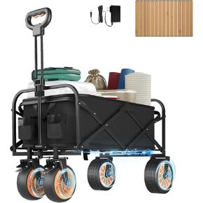 Electric Collapsible Folding Wagon,Electric Utility Wagon Cart, 330 Lbs Weight Capacity with Wooden Tabletop and Adjustable Handle All Terrain Utility Vehicle for Garden, Beach and Fishing (Blue)