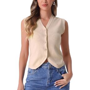 Allegra K Vest Tops for Women Sleeveless Sweater V Neck Cropped Button Up Business Casual Knit Tank Tops