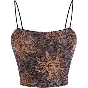 WDIRARA Women's Sun Graphic Print Crop Cami Top Spaghetti Strap Slim Fit Boho Camisole