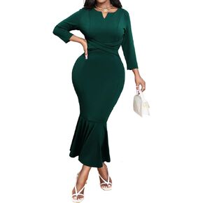 Elegant Church Dress for Women Sexy V Neck Long Sleeve Bodycon Midi Fishtail Dresses