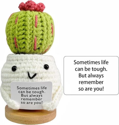 RovyFota Emotional Support Crochet, Positive Cactus with Wood Base Crochet Cactus Encouraging Card Handmade Knitted Cactus Toy Room Office Desktop Decor for Adults&Kids&Friends in Saudi Arabia