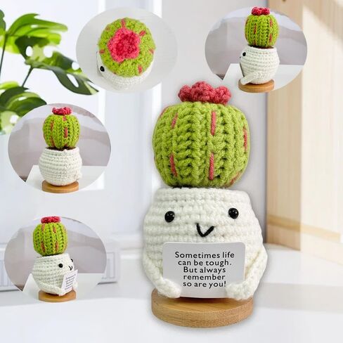 RovyFota Emotional Support Crochet, Positive Cactus with Wood Base Crochet Cactus Encouraging Card Handmade Knitted Cactus Toy Room Office Desktop Decor for Adults&Kids&Friends in Saudi Arabia