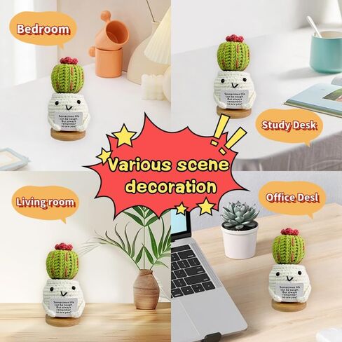 RovyFota Emotional Support Crochet, Positive Cactus with Wood Base Crochet Cactus Encouraging Card Handmade Knitted Cactus Toy Room Office Desktop Decor for Adults&Kids&Friends in Saudi Arabia
