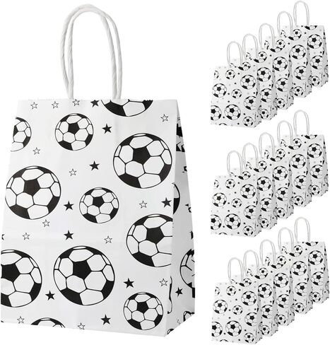 16pcs Soccer Party Favor Paper Bags, White Football Gift Bag Football Themed Party Bags with Handles Soccer Goodie Bags Treat Candy Bags for Kids Adults Soccer Party Supplies in Saudi Arabia
