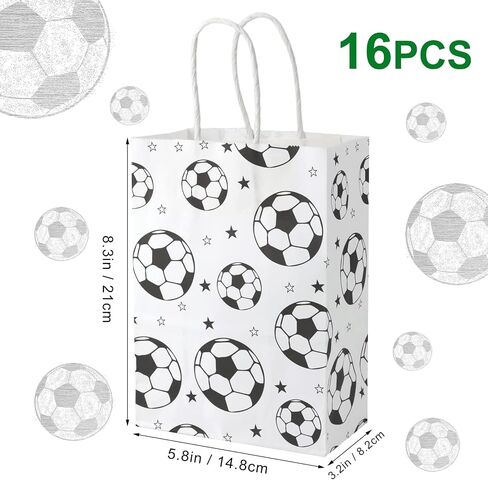 16pcs Soccer Party Favor Paper Bags, White Football Gift Bag Football Themed Party Bags with Handles Soccer Goodie Bags Treat Candy Bags for Kids Adults Soccer Party Supplies in Saudi Arabia
