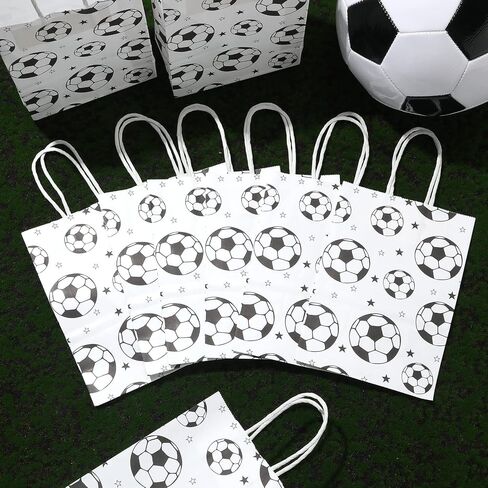 16pcs Soccer Party Favor Paper Bags, White Football Gift Bag Football Themed Party Bags with Handles Soccer Goodie Bags Treat Candy Bags for Kids Adults Soccer Party Supplies in Saudi Arabia