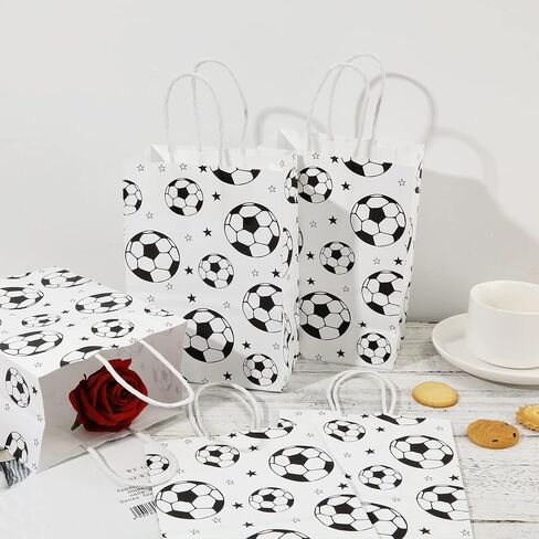 16pcs Soccer Party Favor Paper Bags, White Football Gift Bag Football Themed Party Bags with Handles Soccer Goodie Bags Treat Candy Bags for Kids Adults Soccer Party Supplies in Saudi Arabia