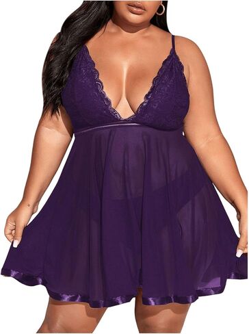 Women's 2 Piece Plus Size Lingerie Dress Chemise Sheer Mesh Sleeveless Bralettes Babydolls with Thongs in Saudi Arabia