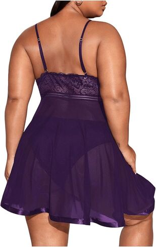 Women's 2 Piece Plus Size Lingerie Dress Chemise Sheer Mesh Sleeveless Bralettes Babydolls with Thongs in Saudi Arabia