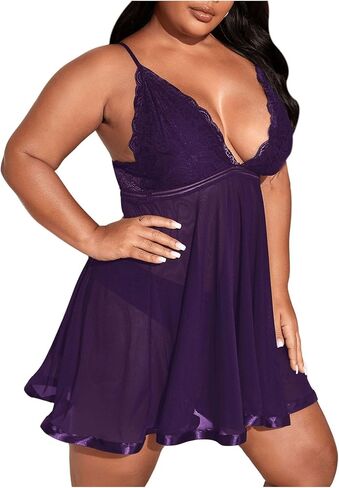 Women's 2 Piece Plus Size Lingerie Dress Chemise Sheer Mesh Sleeveless Bralettes Babydolls with Thongs in Saudi Arabia