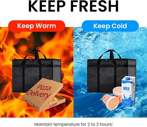 حقيبة تبريد معزولة من NZ home وجهاز تسخين الطعام (XL Plus، 4 عبوات) لتوصيل الطعام وتسوق البقالة مع جزء علوي بسحاب، أسود in Kuwait