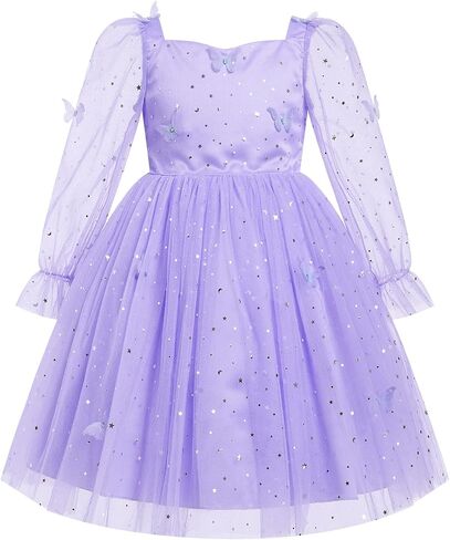 IMEKIS Kids Girls Birthday Princess Dress Mesh Long Sleeve Sparkle Butterfly Stars Tulle Pageant Formal Party Dresses in Saudi Arabia