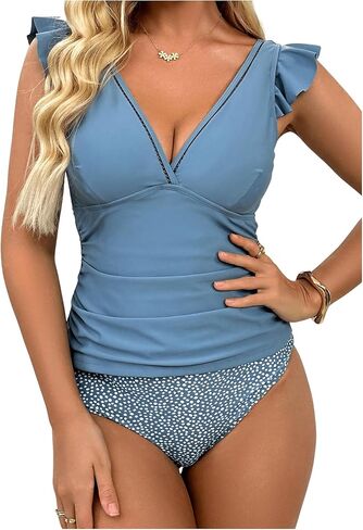 SOLY HUX Tankini Swimsuits for Women Two Piece Polka Dots Print V Neck Ruffle Trim Bikini Bathing Suits in Saudi Arabia