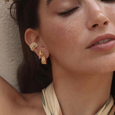 MYEARS Women Ear Cuff Earring Gold Non Pierced Cartilage Clip on Open Wrap Turquoise 14K Gold Plated Simple Hypoallergenic Everyday Jewelry in Kuwait