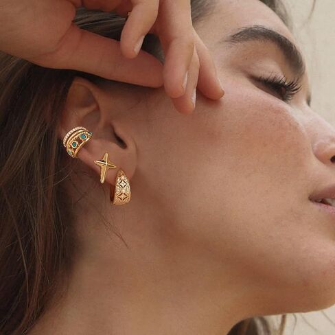 MYEARS Women Ear Cuff Earring Gold Non Pierced Cartilage Clip on Open Wrap Turquoise 14K Gold Plated Simple Hypoallergenic Everyday Jewelry in Kuwait