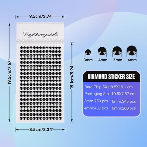 8 Sheets Rhinestone Stickers，3584 Pcs Gem Stickers for DIY Face Eyes Makeup Hair（Black-3/4/5/6mm） in Saudi Arabia