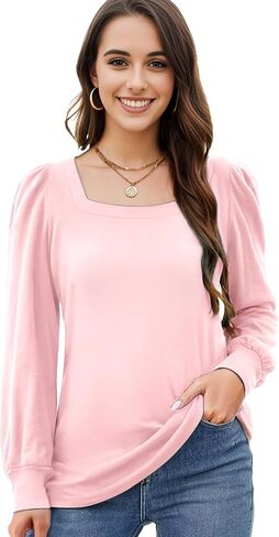 AURUZA Women's Long Sleeve Tops Blouses Fall Casual Loose Shirts Dressy Pleated Square Neck Tunic Tops for Women 2023 in Kuwait