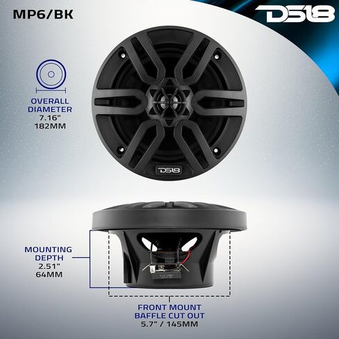 DS18 MP6/BK 6.5" 2-Way Marine Speakers Water Resistant 180 Watts 4 Ohms Ideal for Boat ATV UTV Jeeps Side by Side Marine Golf Car (2 Speakers) in Kuwait