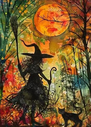 CHWGLFGG Halloween Diamond Art Kits for Adults Beginners, DIY 5D Full Round Drill Diamond Painting Kits Witch and Black Cat, Paint by Diamonds Dot Gem Art Crystal Easy,Home Wall Decor 12 X 16 Inch in Saudi Arabia
