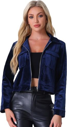 Allegra K Cropped Velvet Jacket for Women's 2024 Fall Winter Long Sleeve Zip Up Casual Jackets in Saudi Arabia
