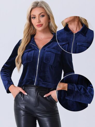 Allegra K Cropped Velvet Jacket for Women's 2024 Fall Winter Long Sleeve Zip Up Casual Jackets in Saudi Arabia